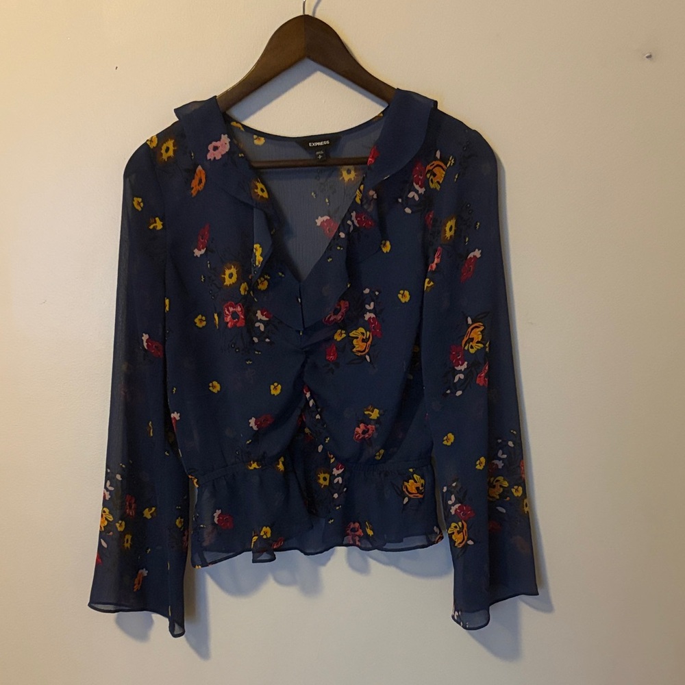 Express Navy Floral Ruffle Peplum Blouse